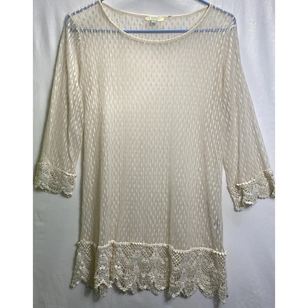 Kori America Cream Mesh Crochet Lace Trim Tunic Top 3/4 Sleeve D1081 Mens L